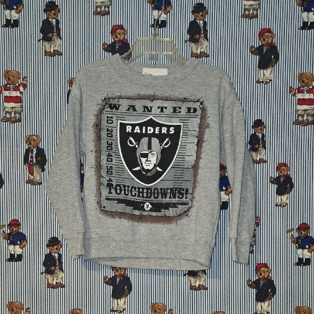 Vintage 90s Gray Oakland Raiders Wanted Touchdowns Sweatshirt Kids 5-6